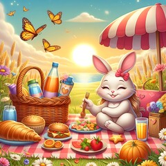 Cute Bunny Enjoying a Picnic in a Meadow