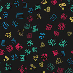 Set line Credit card, Lottery ticket, Money bag and Bingo on seamless pattern. Vector