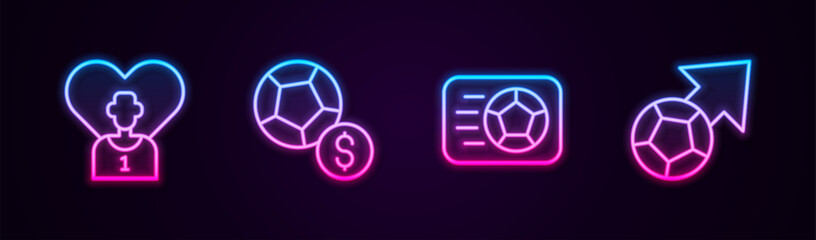 Set line Football or soccer player, Soccer football, and . Glowing neon icon. Vector
