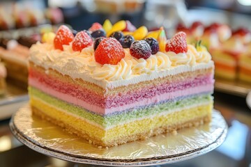 Rainbow cake with colorful layers. Perfect for celebrations, birthdays, and special occasions.