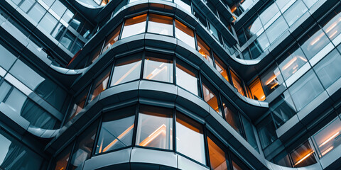 Obraz premium Closeup view of a modern architectural facade showcasing abstract lines and glass elements