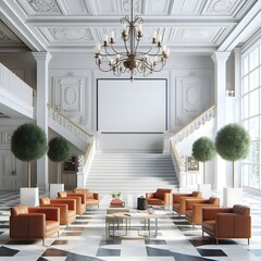 Elegant Lobby Interior with Grand Staircase and Chandelier