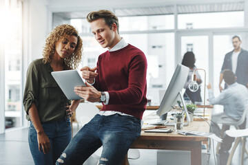 Creative, people and tablet for discussion in office or research, social media and information of public relations. Woman, man and digital for online training, website results or press release agency