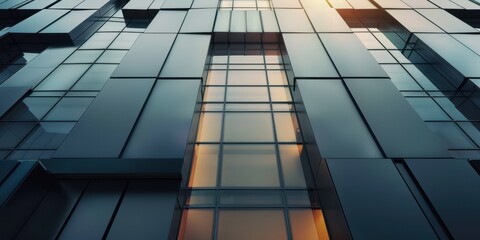 Fototapeta premium Close-up view of modern architectural facade in urban setting during sunset