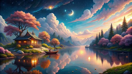 Serene water reflects sky, trees, and distant mountains in a breathtaking natural canvas