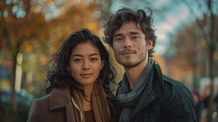 Obraz premium couple in a park with overly staged looking directly at the camera