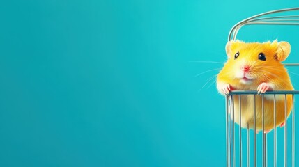 A close-up of a cute golden hamster peeking over the edge of a metal cage, set against a teal background, showcasing its curious expression.
