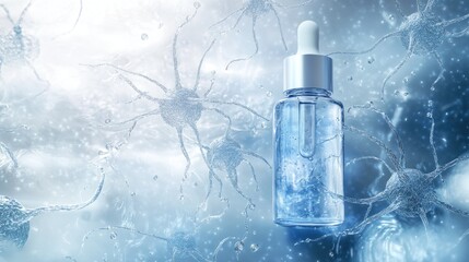 A conceptual image of a serum bottle with surrounding neuron-like designs, emphasizing innovation in skincare, with copy space