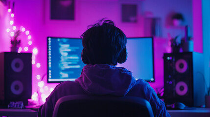 A man is sitting in front of a computer with a purple background