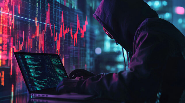 A man is typing on a laptop in front of a screen with a lot of numbers and lines