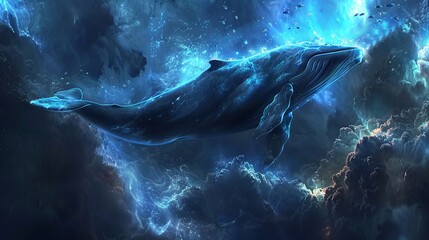 Fantasy whale swimming in blue aura