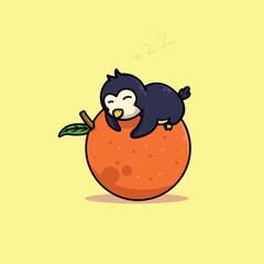 cute penguin sleeping on orange, yellow background