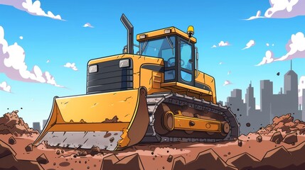 Cartoon Vector Bulldozer Moving Earth