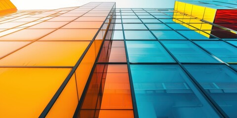 Abstract close-up of a modern architectural facade with colorful glass panels reflecting sunlight
