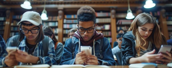 Obraz premium A group of diverse students engaged with smartphones in a cozy library setting, focused on their tasks and digital content.