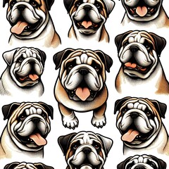 Bulldog Seamless Pattern - Cute Dog Faces on White Background
