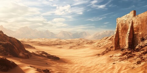 Fototapeta premium Desolate desert landscape with an empty banner against dramatic sand dunes