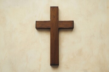 A minimalistic image of a wooden Christian cross on a beige background , ai