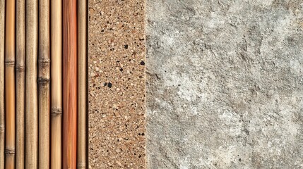 Bamboo and Concrete: A minimalist composition featuring a close-up of natural bamboo against a rough concrete wall, creating a striking contrast of textures and materials.  