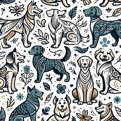 Colorful Dog Pattern with Floral Motifs