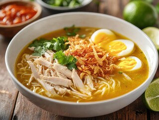 A bowl of flavorful noodles topped with chicken, eggs, crispy onions, and cilantro.