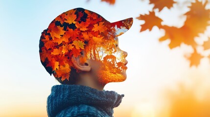 Macro shot of autumn leaf piles, highlighting the rich textures and colors, Double exposure silhouette with a child's playful expression