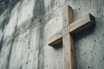A wooden Christian cross near a concrete wall , ai