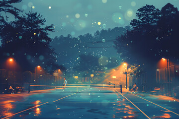 A tennis match at dusk with the court illuminated by floating orbs of light and the players leaving glowing trails