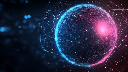 Abstract sphere with glowing lines and particles, digital concept.