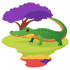 Obraz premium Playful green crocodile baby with toothy grin, cute cartoon reptile character