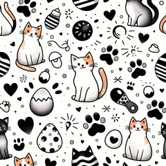 Seamless Pattern of Cute Cats with Hearts and Paw Prints