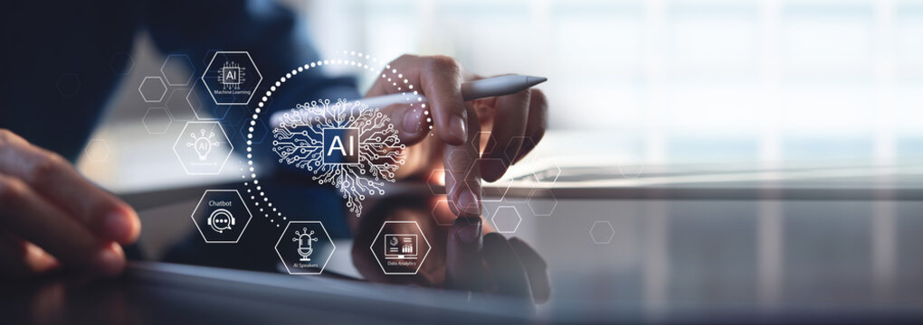 AI and Business intelligence technology concept. Business development with AI machine learning for customer service system, digital chatbot, data analysis and digital marketing