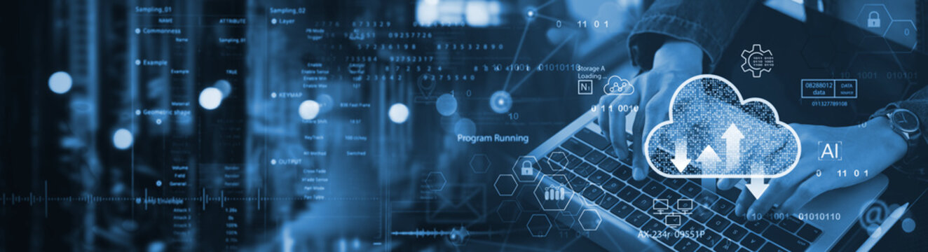 Cloud computing, data storage and cyber security concept. Businessman using laptop with data center as background, cloud storage loading. Cloud technology, online data backup, internet technology