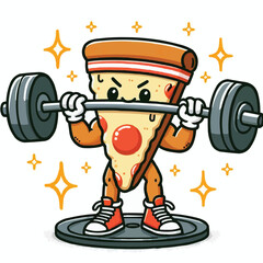 Illustration of a pizza food character mascot doing weightlifting exercises