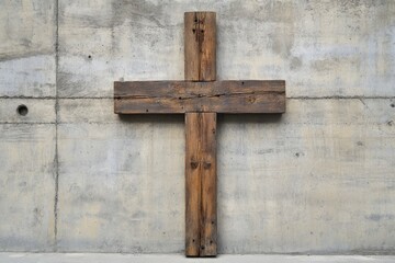 A wooden Christian cross near a concrete wall , ai
