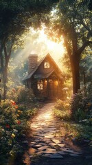 Fototapeta premium A small house in the woods surrounded by flowers and trees, AI