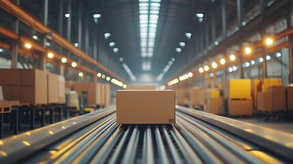 Fototapeta premium A recyclable cardboard box is captured approaching the end of a conveyor belt in a brightly lit and spacious warehouse