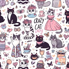Cute Cat Lady Seamless Pattern - Kawaii Feline Design with Flowers, Hearts, and Teacups