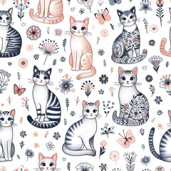 Seamless Pattern with Cute Cats and Flowers