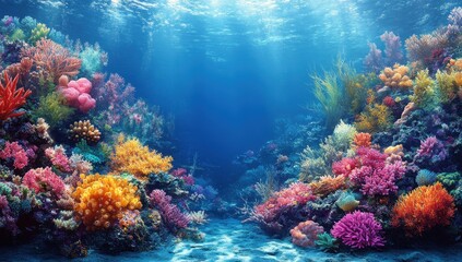 Fototapeta premium Whimsical coral reef in a vibrant cartoon style, showcasing colorful marine life and imaginative underwater landscapes.