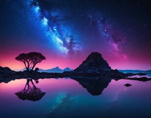 Naklejka premium Modern futuristic fantasy night landscape with abstract islands and night sky with space galaxies. Multicolor neon glow. Reflection of light in water, stars. Empty scene, landscape. Ai generated image