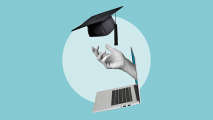 Online education completion theme. A hand extends out from a computer screen, joyfully tossing a...