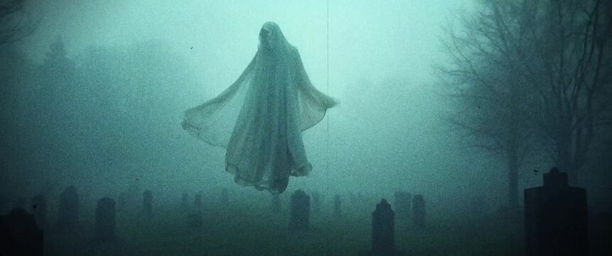 Spooky Halloween ghost with creepy cemetery grey background and old damaged movie effect