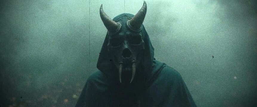 Spooky Halloween demon with a horned mask on creepy grey background with old damaged movie effect