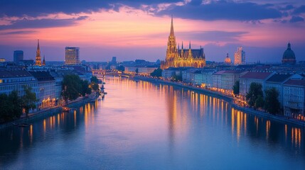 Vienna at twilight, Stephansdom cathedral in the foreground, Danube River reflecting city lights, blend of imperial 