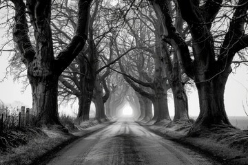 Endless road of travel on rural highways There are natural trees on both sides of the road.