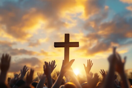 Blurred of Christian Congregation hands Worship God together in front of wooden cross in cloudy sky, conceptual image of praise and worship, ai