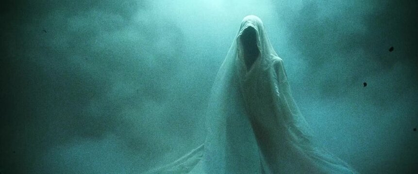 Spooky Halloween ghost with creepy smokey grey background and old damaged movie effect