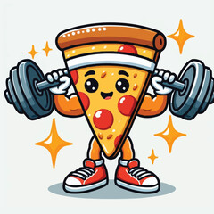 Illustration of a pizza food character mascot doing weightlifting exercises