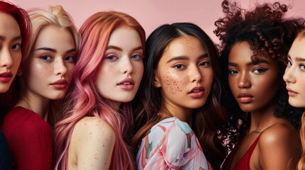 Fototapeta premium Portrait of a group of young multiracial women on a pink background. Beautiful models posing indoors. Beauty, fashion concept.